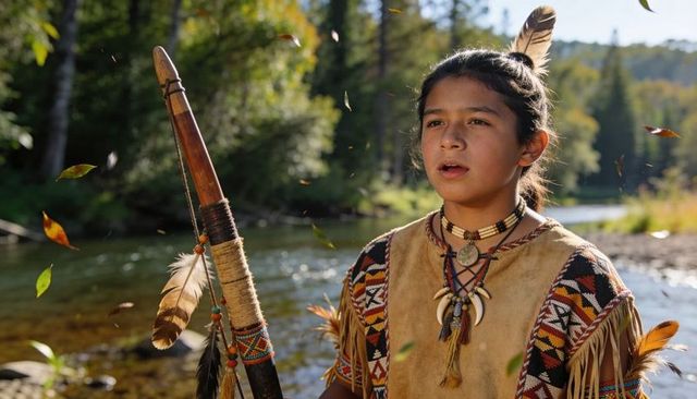 Native teen singing by riverbank holding decorated staff in fringed buckskin regalia