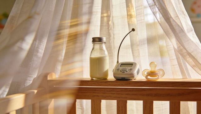 Backlit nursery still life with milk bottle, baby monitor and pacifier on crib rail