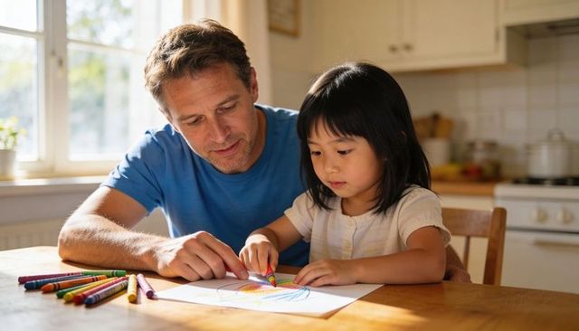 Father helping daughter coloring at sunlit kitchen table with crayons family bonding joy