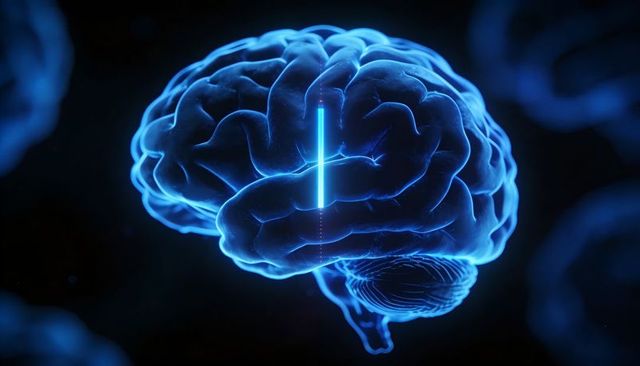 Floating Glowing Neon Brain with Vertical Cyan Probe Highlighting Cortical Scan