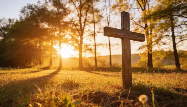Wooden cross standing in golden meadow at sunrise sunbeams backlighting tranquil rural landscape