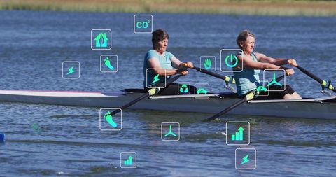 Two women rowing team showing performance metrics and sustainability hud overlay
