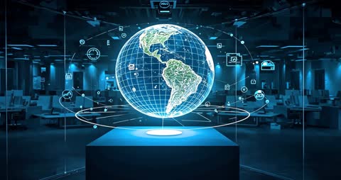 Holographic Globe with Rotating Data Icons in Futuristic Room