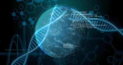 Rotating globe with dna helix and digital elements