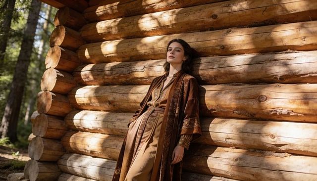 Woman leaning against log cabin wall wearing boho kimono robe in rustic sunlit forest