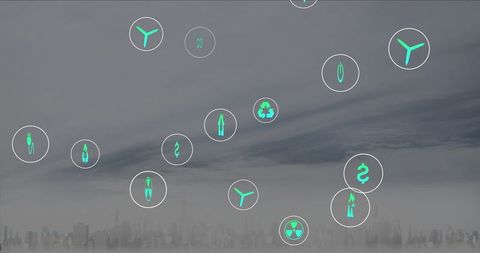 Eco-Friendly Icons Over Digital Futuristic Cityscape