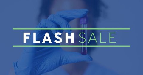 Laboratory flash sale banner with gloved hand holding purple-cap blood vial for lab supplies