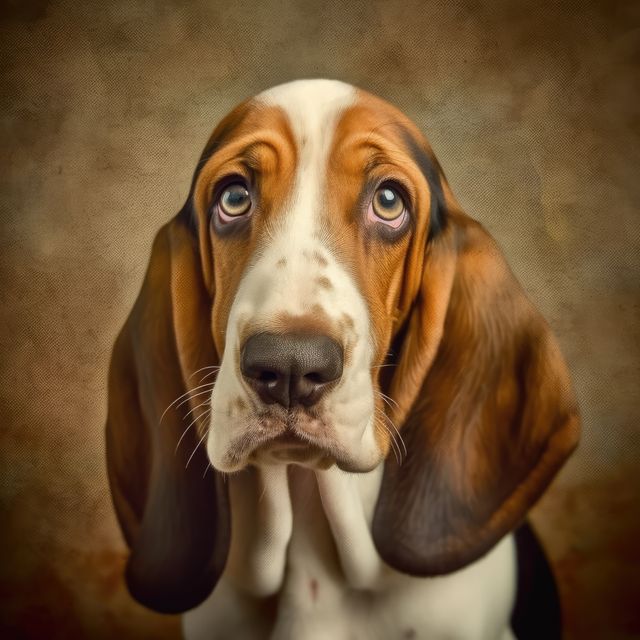 Perfect for use in promotions for pet products, dog lovers' websites, or veterinary offices. This portrait showcases the unique features of the basset hound breed, characterized by its long ears and sorrowful gaze. Makes for a compelling focal point in animal-themed advertising or heartfelt storytelling.