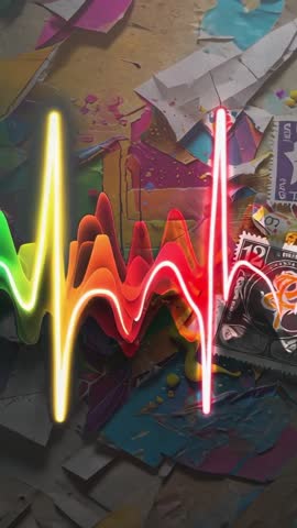 Animating neon waveform cycling cyan to red over splatter collage vertical video