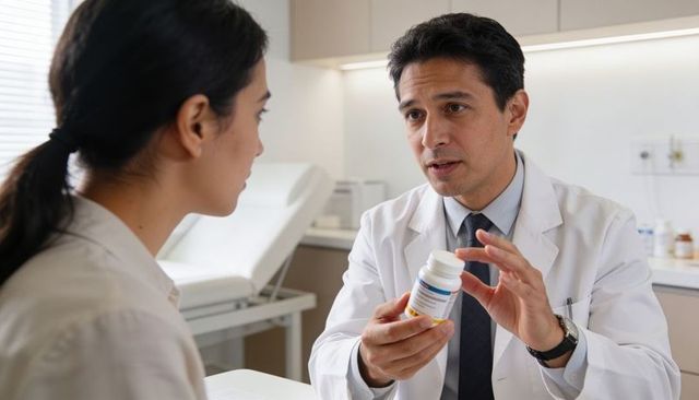 Midlife doctor explaining prescription bottle to female patient during clinic consultation