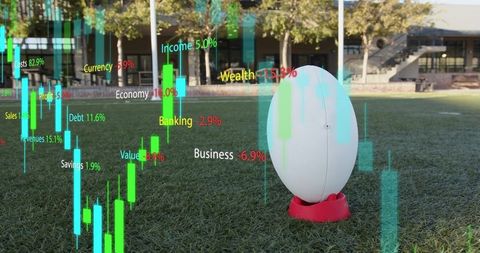 Rugby ball resting on red tee with augmented reality candlestick charts overlaying campus turf