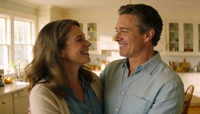 Middle-aged couple sharing warm embrace in sunlit kitchen, smiling and affectionate