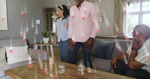 Host standing and addressing group in living room with binary overlay suggesting smart home