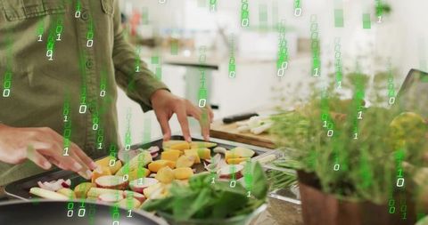 Home chef arranging fresh vegetable tray for roasting with green binary code overlay