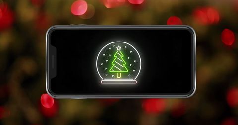 Neon Christmas Tree on Smartphone Screen with Festive Lights