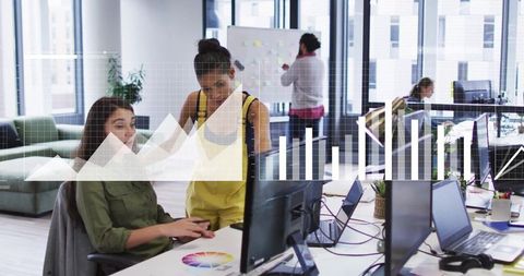 Creative Team Collaboration in Modern Office with Data Overlay