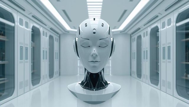 White humanoid android head on pedestal in sterile laboratory corridor for ai concept