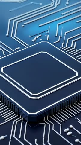 Rotating and zooming around microchip on PCB showing silver traces and solder balls