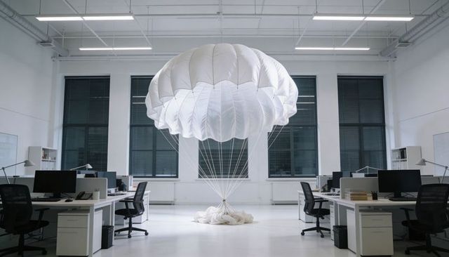 Giant white parachute canopy floating above minimalist open-plan office workstations
