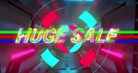 Futuristic Huge Sale Text with Neon Lights over Abstract Tunnel Background