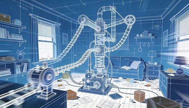Blueprint-style mechanical contraption spinning in living room with gears, belts, motor