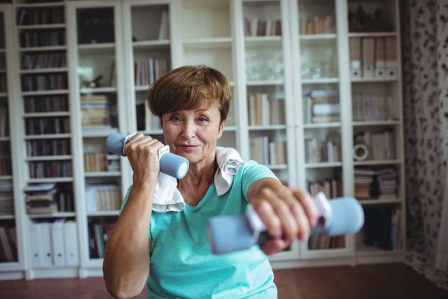 Senior woman exercising with dumbbells in comfortable home environment, bookshelves visible in background. Useful for publications on fitness for seniors, home workouts, healthy living, wellness routines, and active lifestyle tips for elderly. This image can enhance articles, blogs, and advertisements promoting senior fitness and maintaining health at home.