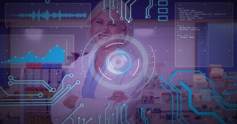 Clinician wearing lab coat and scrubs crossing arms with futuristic medical hud in pharmacy