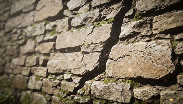 Weathered dry-stone wall basking in sunlight with moss, lichen, textured stone and dust
