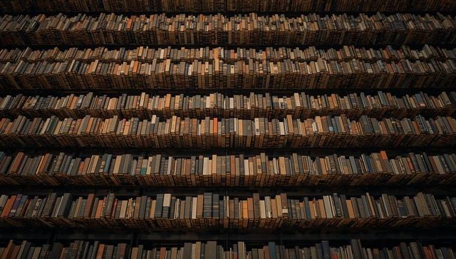 Endless vintage bookshelves bathing in warm light, symmetrical rows of textured spines