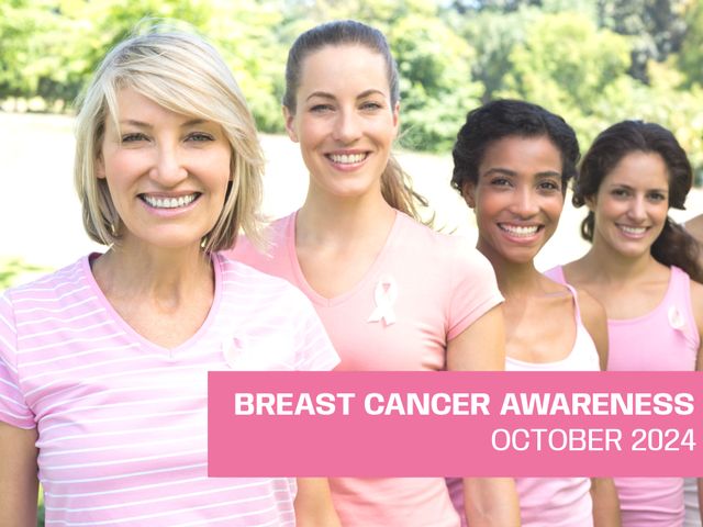 Diverse group of smiling women wearing pink shirts and ribbons standing in park promoting breast cancer awareness. Ideal for campaigns, advertisements, or social media posting related to health awareness, October breast cancer initiatives, charity events, or community support.
