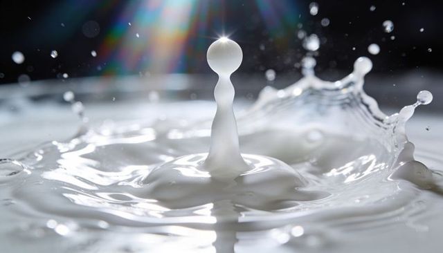 Capturing milk droplet rising on slender column with crown splash and rainbow lens flare