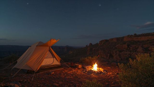 Canvas tent and campfire on canyon edge under starry night sky, desert mesa camping
