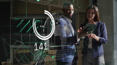 Business Professionals Discussing Data on Digital Interface