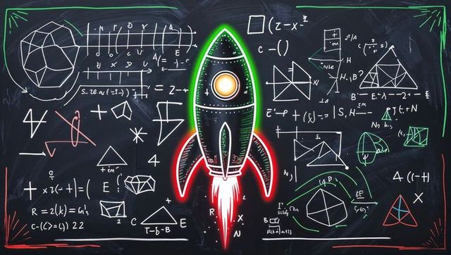 Neon Rocket on Chalkboard with Geometric Formula Diagrams