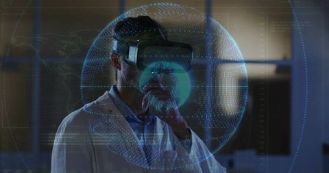 Scientist Wearing VR Headset Exploring Holographic Globe in Dim Lab Data Visualization