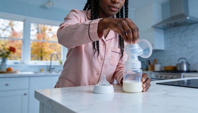 Parent assembling breast pump bottle on bright kitchen counter in morning light