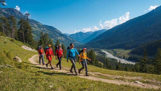 Group hiking through alpine valley with backpacks on scenic mountain trail at sunrise