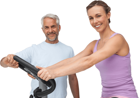 happy woman exercising on stationary bike with trainer in transparent background - Download Free Stock Videos Pikwizard.com