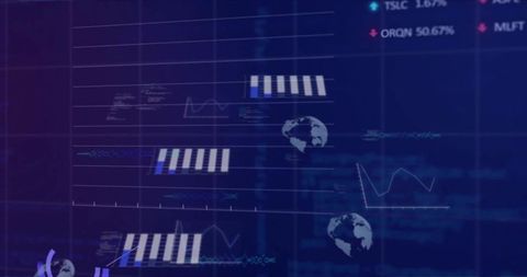 Global data dashboard displaying striped bar charts, line graphs and globe icons on navy ui