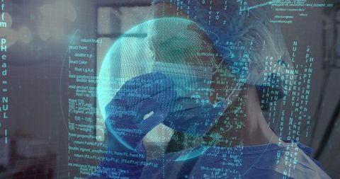 Exhausted clinician wearing ppe with holographic code overlay representing digital burnout