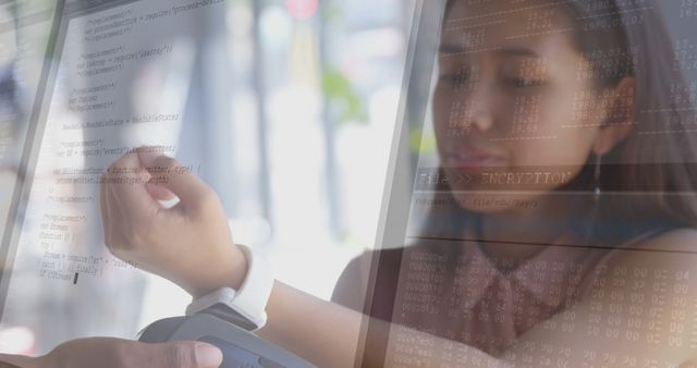 Young woman interacting with smartwatch, with encrypted data projections overlaying her actions. Ideal for illustrating themes of digital security, technology, innovation, and the increasing integration of digital devices in everyday life. Perfect for tech blogs, cybersecurity promotions, or articles on the future of smart wearables.