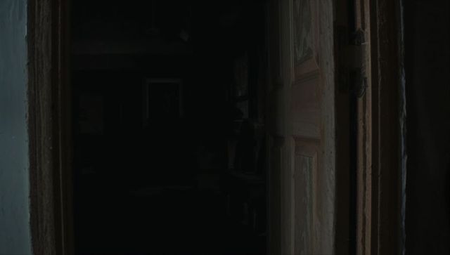 Worn wooden panel door opening into dark shadowed corridor with weathered latch and texture