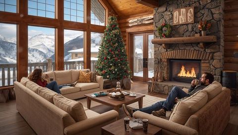 Couple Relaxing in Cozy Mountain Lodge with Christmas Tree and Stone Fireplace