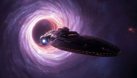 Starship entering luminous wormhole over purple nebula with glowing engine and windows