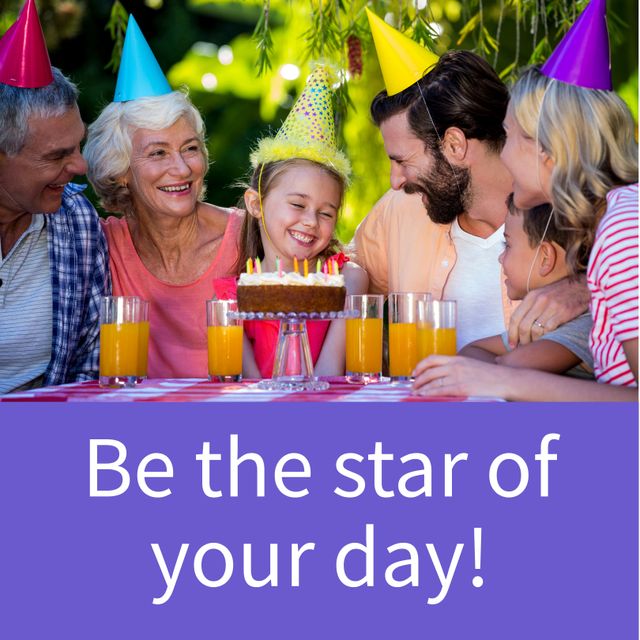 Family members at an outdoor birthday party wearing party hats and smiling while celebrating a little girl's special day. Perfect for themes related to family gatherings, birthday celebrations, happiness, and togetherness. Can be used for advertising family-oriented products, birthday party supplies, or greeting cards.