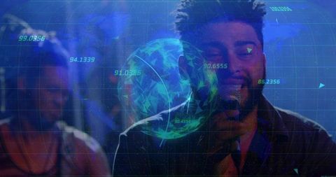 Singer on Stage with Futuristic Graphics and Data Overlay