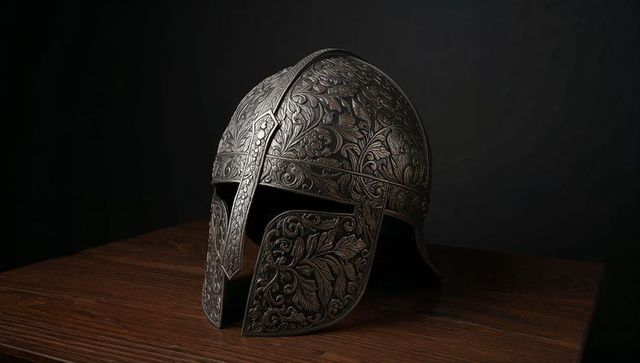 Intricately designed engraved medieval helmet with floral motifs