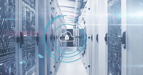 Padlock and Cloud Icon Over Data Servers in Digital Security Concept - Download Free Stock Images Pikwizard.com