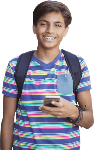 Smiling Teen with Backpack Holding Smartphone on Transparent Background