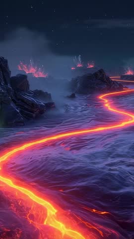 Flowing molten lava river carving basalt at night with glowing green crystals vertical video
